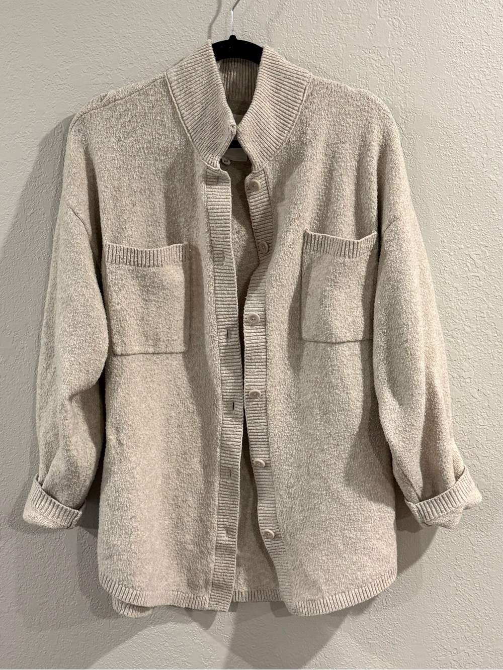aerie Women's Beige Button-Up Pocket Cardigan Oversized Knit Sweater Size L